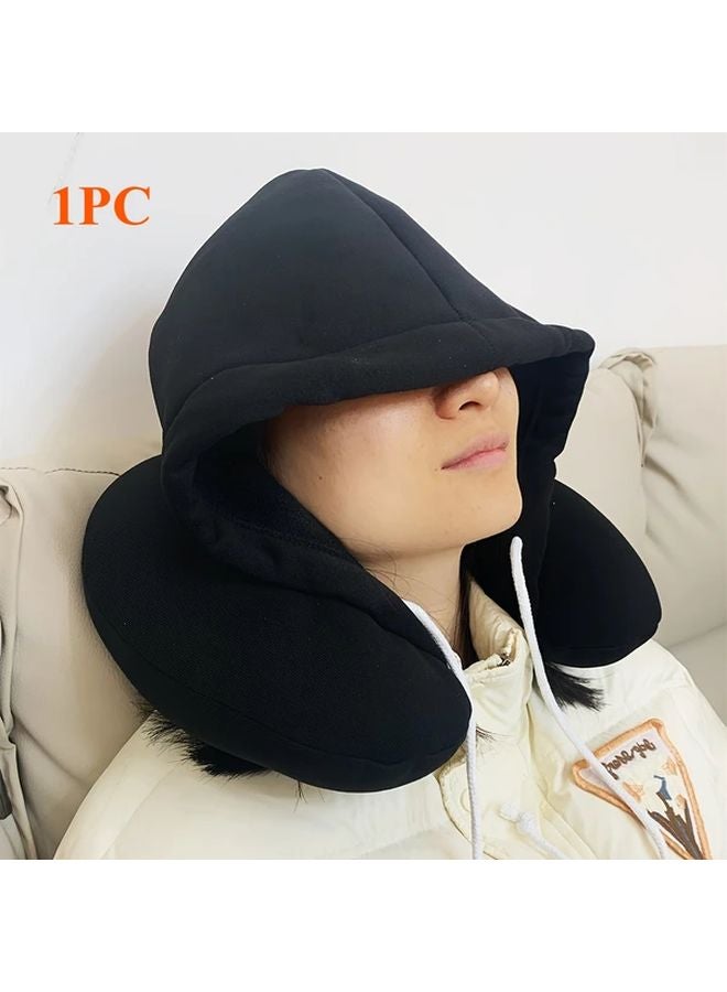 Light Grey Ergonomic Travel Neck Pillow With Noise Reducing Hood For Airplane Train Office - Image 4